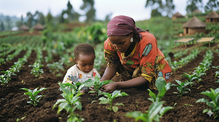 Woman and child tending to plants in a field with huts in the background